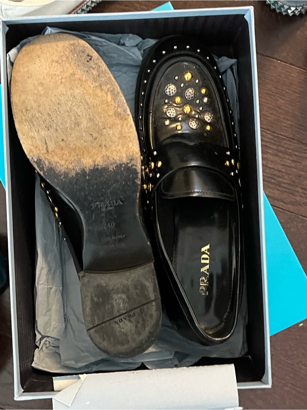 Prada Black Leather Studded Penny Loafers with Gold & Silver Accents